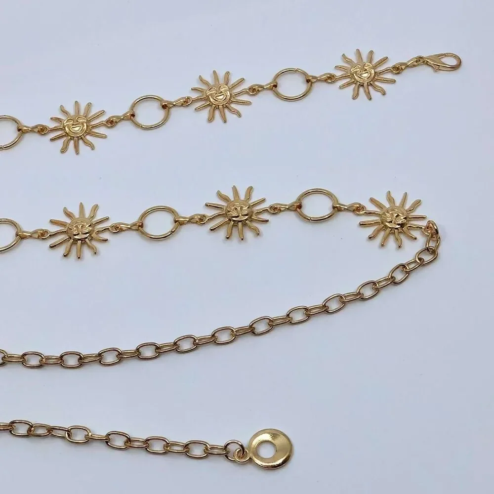 Y2K Celestial Gold-Tone Sun Face Chain Belt, Fits 23.5–38 Inches, X7GA1228